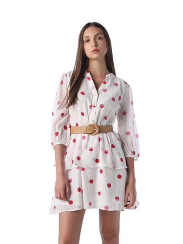 ONLY Women's Polka Dots Fit and Flare White Dress with Belt