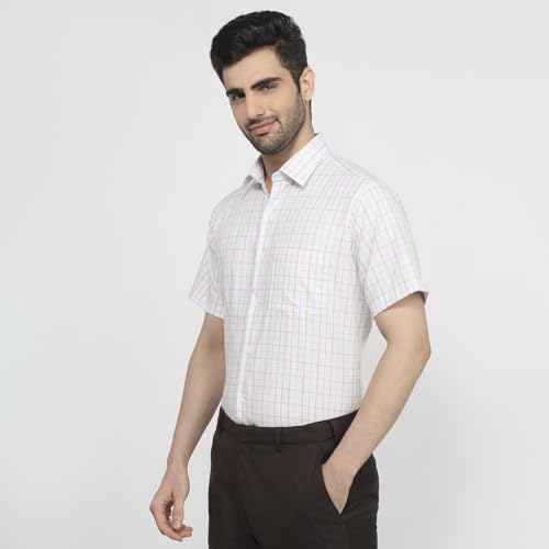 Raymond Men Regular Fit Checks Pattern Pure Cotton Semicutaway Collar Half Sleeve Straight Hem Formal Shirt