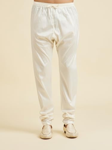 Manyavar Men's Art Silk Neckline Embroidered Kurta Churidar Set(Cream,XXXL)