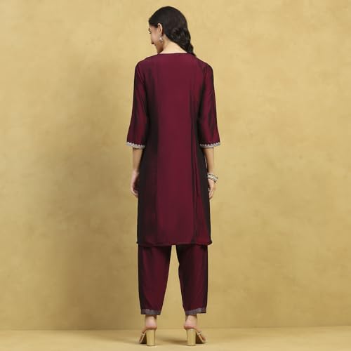 Rangriti Women Wine Polyester Blend Solid Straight Kurta Set_38