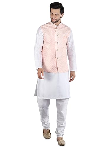 Modern Garments Men's Silk Blend Kurta Pajama with Ethnic Nehru Jacket/Modi Jacket (38, White & Light Pink)