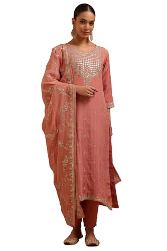 Soch Womens Peach Tissue Embroidered Suit Set With Zari