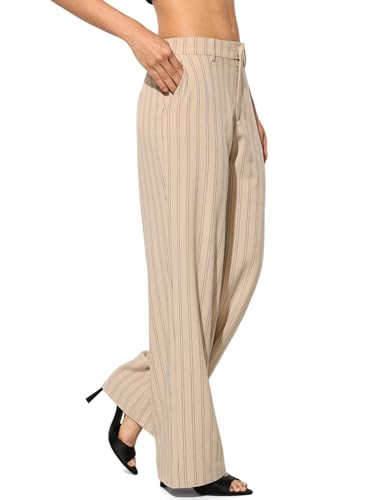 ONLY Women's Straight Fit Mid-Rise Beige Pants