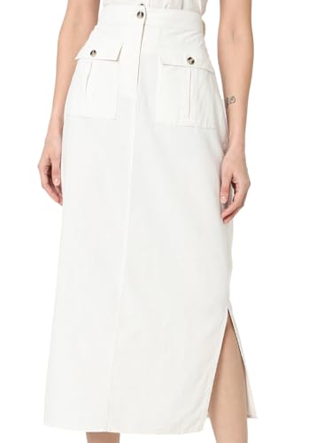 VERO MODA Women Solid White Linen Midi Length High-Rise A-Line Skirt
