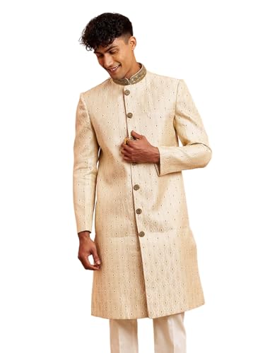 VASTRAMAY Men Cream Silk Sherwani - Maroon Motif Mandarin Collar Cutdana Work Wedding