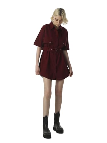 ONLY Women's Solid Fit and Flare Maroon Dress