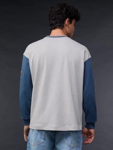 The Souled Store Popeye: Strong to The Finish Men and Boys Long Sleeve Round Neck Grey and Blue Graphic Casual Lightweight Drop Shoulder Streetwear Trendy Oversized Full Sleeve T-Shirt