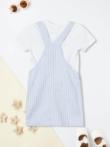 Max Girls Striped Pinafore Dress with T-Shirt (Blue_10-12 Y)