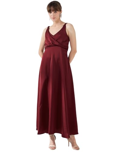 Latin Quarters Women's Maroon Sleeveless V-Neck Solid Party Maxi Dress_XL