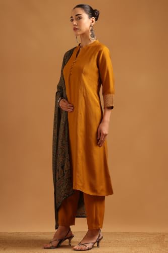 Soch Womens Mustard Silk Blend Botanical Pattern Zari Embroidery Salwar Suit