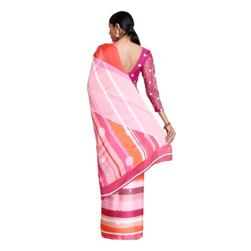Kalyan Silks Women's Orange Saree With Floral Prints Without Border With Plain Light Pink Blouse