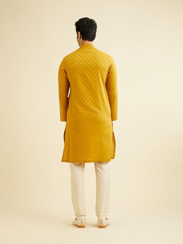 Manyavar Men's Cotton Printed Kurta Pyjama Set (Mustard,XL)
