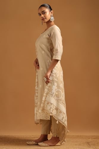 Soch Womens Beige Linen Floral Salwar Suit With Thread Work