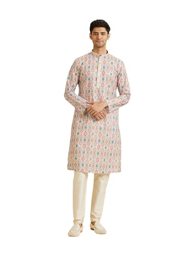 Manyavar Men's Cotton Blend Hexagon Printed Kurta Pyjama Set(Cream,S)