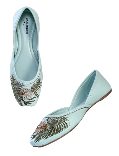 CatBird Women’s Embroidered Ethnic Jutti with Leaf Motif | Soft Cushioned Slip-On Mojari | Lightweight Traditional Flats for Casual 5 UK Mint Green