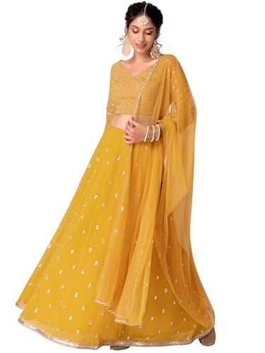 Zeel Clothing Women's Georgette Embroidered Fabric Sequins Embroidered New Lehenga Choli with Dupatta (5071-Yellow-Wedding-Designer-Latest; Free Size), Customizable Length