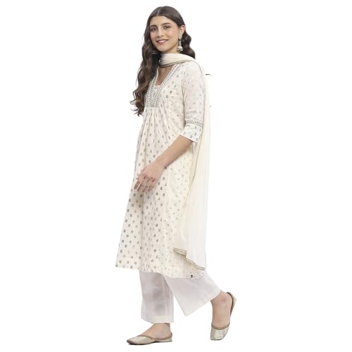 Biba Women Off-White Cotton Printed Gathered Suit Set_44