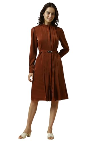Allen Solly Women's Polyester Blend Modern Knee-Length Dress (AHDRERGPQ02163_Brown