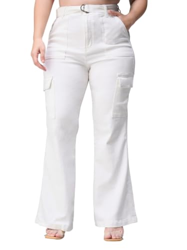 Miss Chase A+ Women's Wide-Leg High-Rise Regular-Length Stretchable Cargo Denim Jeans (APSS23DEN12-52-LMF-36, Oat White, 36)