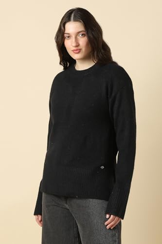 Women Black Solid Round Neck Casual Sweater
