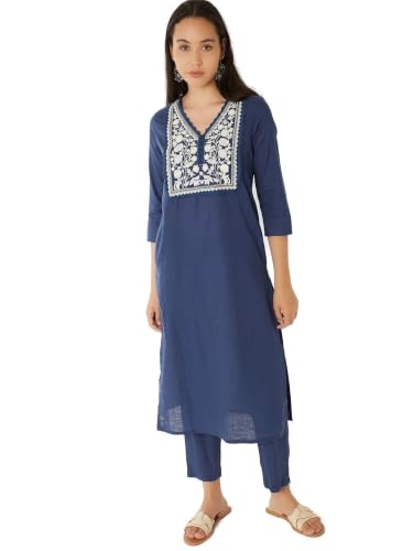 Max Women Embroidered Yoke Straight Kurta Set(Blue_XL)