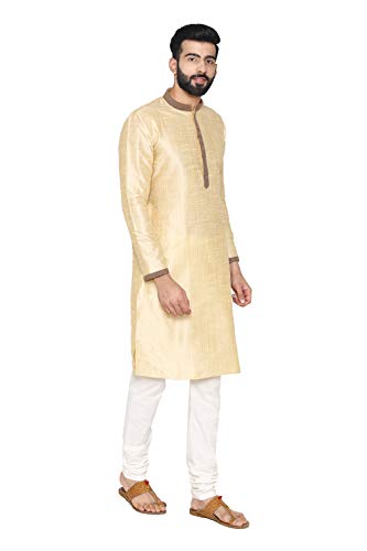 Manyavar Men's Art Silk Solid Regular Kurta and Churidar Set (S952714-304_Cream_L)