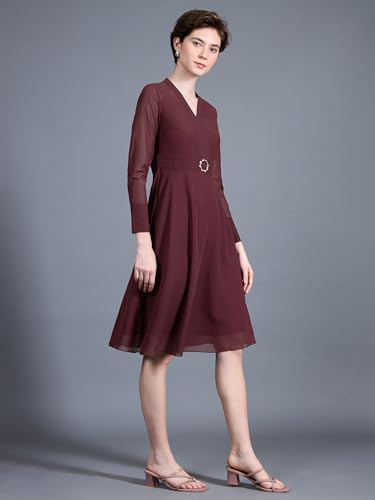 Miss Chase Women'sV-Neck Full Sleeve Fit Flare Midi Dress (MCAW24D94-99-184-02, Wine Red, XS)