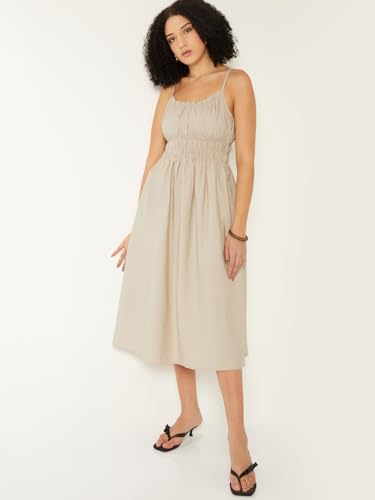 Max Women Solid A-line Midi Dress (Beige_XL)