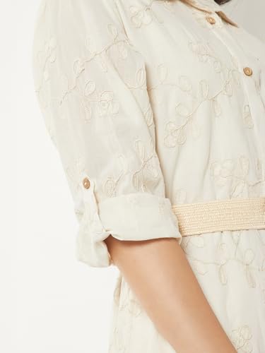 Max Women Embroidered Shirt Dress with Belt (Beige_XXL)