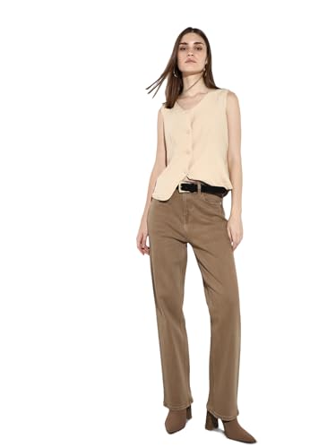 ONLY Women's Solid Straight Fit Mid-Rise Brown Jeans