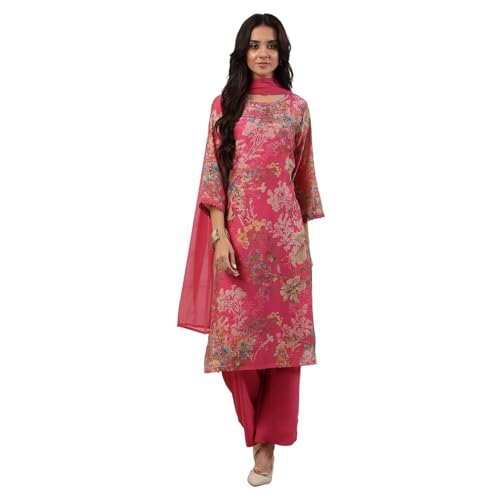 BIBA Women Pink Cotton Blend Straight Suit Set_32