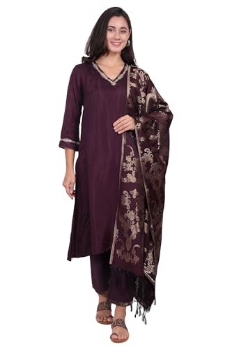 W for Woman Maroon Embroidered Silk Straight Kurta, Pants and Dupatta Set - (WS13298-224278-M)