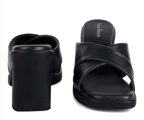 LOUIS STITCH Women's Black Stylish Cross Strap Block Heel Sandals for Women (LD06-BHCSJB105)