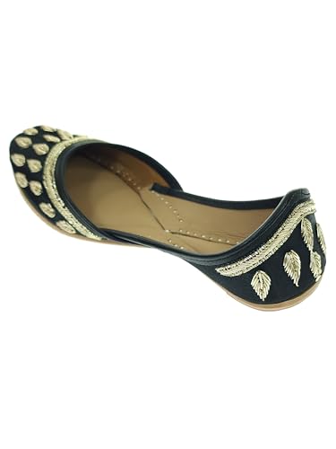 Fulkari Women's Dawka Patti Black Gold Soft Leather Embroidered Jutis | Bite and Pinch Free Jutti | Punjabi Formal Juttis | Girl's Wedding Flat Ladies Mojari | Formal Ethnic Juti | 42