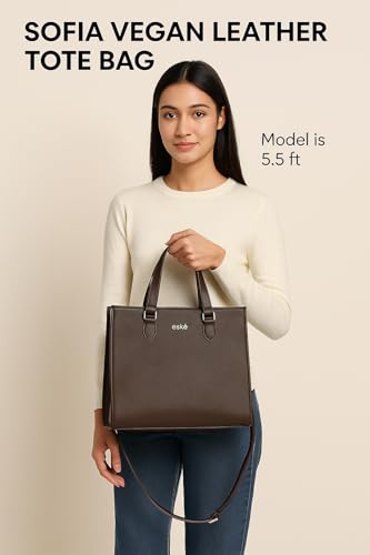 eske Sofia Tote Bag, Vegan Leather, Detachable Sling Strap, Textured Pattern (Brown)
