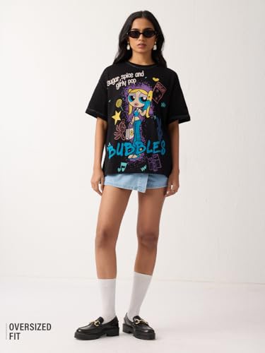 The Souled Store Powerpuff Girls: Girly Pop Women and Girls Short Sleeves Round Neck Black Graphic Printed Cotton Heavy Gauge Fabric Streetwear Everyday Oversized T-Shirt