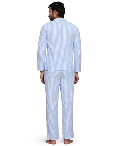 B STORIES Men's 100% Cotton Full Sleeve PJ Set - Blue Stripes Checkered Nightwear Set MWWPJ-001-24031 | Soft Loungewear | Comfortable Sleepwear | Stylish Casual Home Wear Shirt & Pant (2XL)