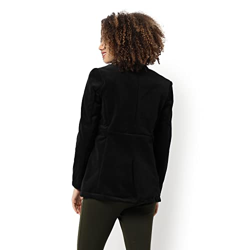 Campus Sutra Women Black Solid Regular Fit Blazer for Winter Wear | Collared Neck | Full Sleeve | Buttoned | Casual Jacket for Woman & Girl | Western Stylish Jacket for Women