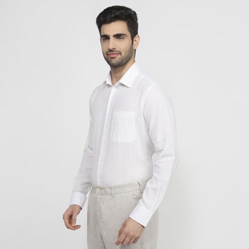 Raymond Men Contemporary Fit Stripe Pattern Pure Linen Semicutaway Collar Full Sleeve Apple Cut Formal Shirt White
