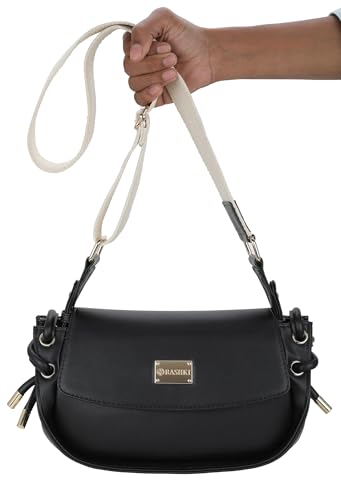 RASHKI HAZE- Womens Crossbody Vegan Leather Handbag | Spacious | Unique Shape | Party Purse | Magnetic Button Closure (Black)