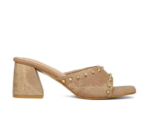 LOUIS STITCH Women’s Fashion Slip-On Block Heel Sandals | Open Toe Beige Stylish Mules Heel Sandal for Ladies, Fashionable and Comfortable Sandal (LSOF-LDBH-MUBD) (UK-3)