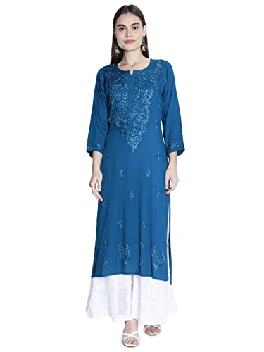 Seva Chikan Hand Embroidered Turquiose Blue Cotton Blend Lucknowi Chikankari Women's Kurta Kurti -(4114_ Turquiose Blue_2XL)
