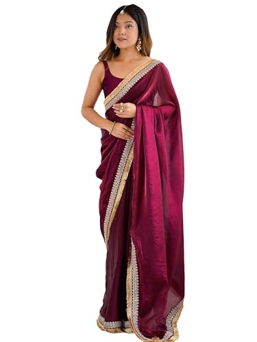 AKHILAM Women's Wine Satin Embellished Saree With Unstitched Blouse Piece (AARYAN20602_KR)