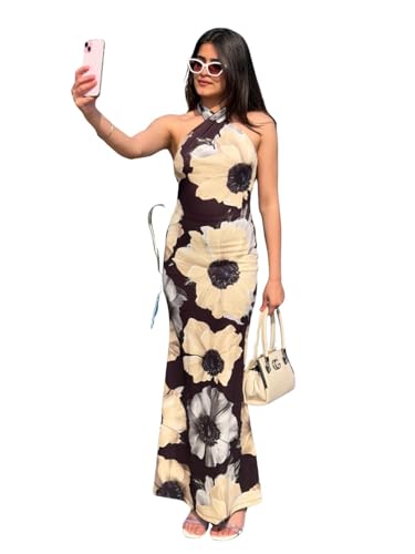 Tandul Women's Cotton Blend No Sleeves Multicolor Dress - Maxi/Full Length Floral Print Fashion X-Large Size for Office, Casual, Festive & Party (12378)