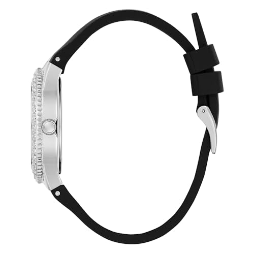 GUESS Silicone Women's 38 Mm Size Silver Dial Round Analog Black Band Watch - U1422L1M