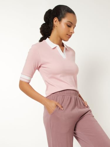 Max Women Knit Textured Johnny Collar Sports T-Shirt (Pink_XL)