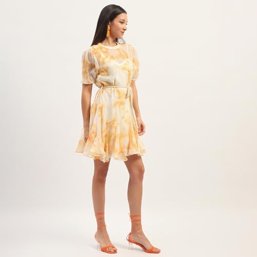 Madame Tie Dye Belted Orange Rayon Blend Mini Dress
