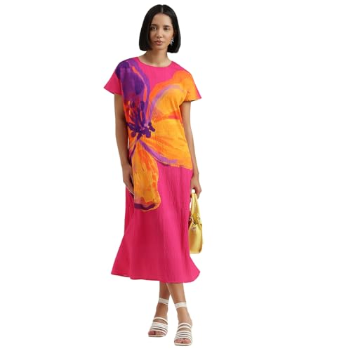 United Colors of Benetton Regular Fit Round Neck Floral Dress (Size : L) - 26P4WVNDR3X7I901 Pink