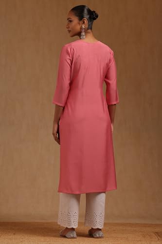 Soch Womens Pink Roman Silk Floral Chikankari Embroidered Kurta