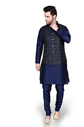 Ethluxis Men's Silk Blend Kurta Churidar Pyjama With Ethnic Bundi Jacket Set (38, Navy/Navy, Regular Fit)